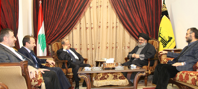 سماحة السيد نصر الله إستقبل العماد عون بحضور باسيل والخليل