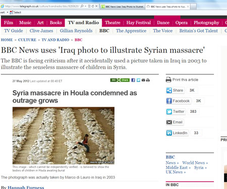 الـ BBC الإخبارية تستخدم " صور العراق لتبيّن المجزرة السورية"