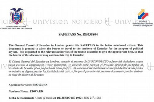 قناة تلفزيونية تنشر نسخة للوثيقة التي منحتها الإكوادور لسنودن