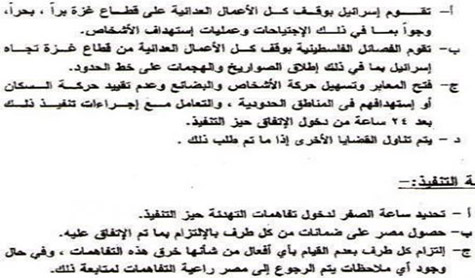  نص الإتفاق الذي تمّ التوصل إليه بين المقاومةالفلسطينية  والعدوالاسرائيلي 