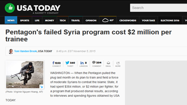 USA TODAY: برنامج البنتاغون الفاشل لتدريب المعارضة السورية كلف الخزينة نحو مليوني دولار لكل مقاتل