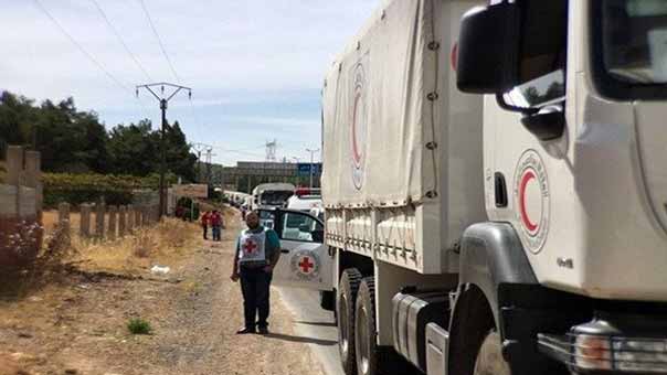 وصول قافلة المساعدات إلى مدينتي كفريا والفوعة بالتزامن مع وصول القافلة الى مضايا