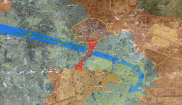 بالصور: وضعية تظهر قطع قوات الجيش السوري وحلفائه طريق الكاستيلو نارياً واطباقهم بطريقة فكي كماشة على المدخل الشمالي لحلب