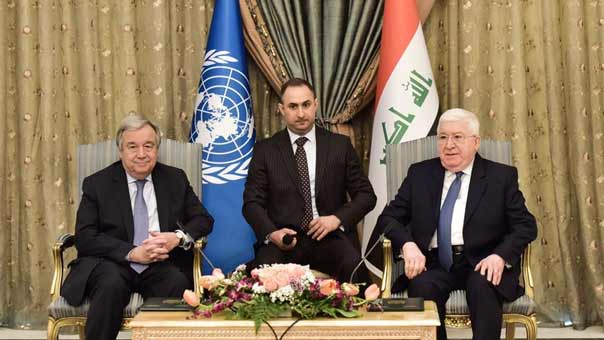 غوتيريش التقى العبادي ومعصوم والجبوري في بغداد: يجب تقديم الإرهابيين للمحاكمة