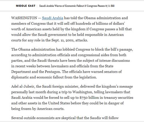 ’نيويورك تايمز’: الرياض هددت أوباما ببيع أصولها في أمريكا