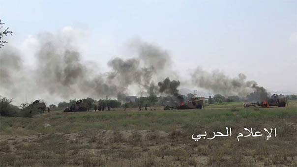 الجيش اليمني يحرق قافلة عسكرية  سعودية ويقضي على من عناصرها بمنطقة صبرين في الجوف