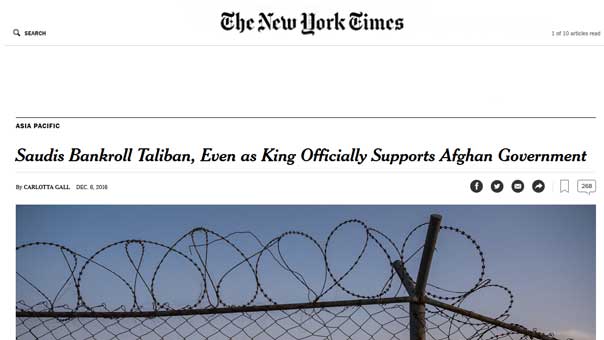 &rsquo;نيويورك تايمز&rsquo;: السعودية تمول &rsquo;طالبان&rsquo; وتذكي الحرب في أفغانستان

