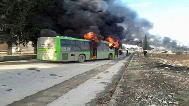 تجميد اتفاق حلب بعد نقضه من قبل المجموعات المسلحة وإحراقها 5 حافلات مخصصة لإجلاء أهالي الفوعة وكفريا 