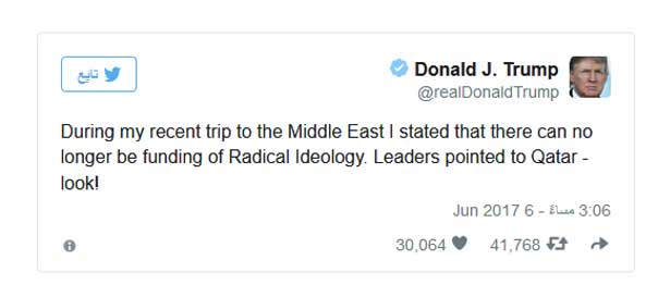 ترامب ينتقد وسائل اعلام امريكية ويعلق على مقاطعة قطر: انها بداية النهاية لرعب الإرهاب