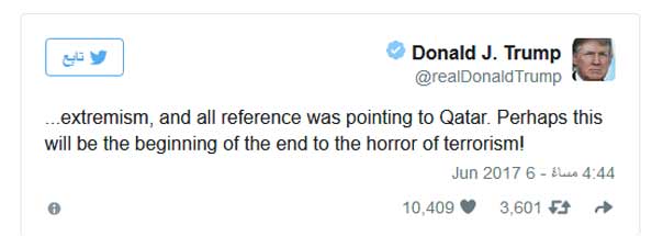 ترامب ينتقد وسائل اعلام امريكية ويعلق على مقاطعة قطر: انها بداية النهاية لرعب الإرهاب