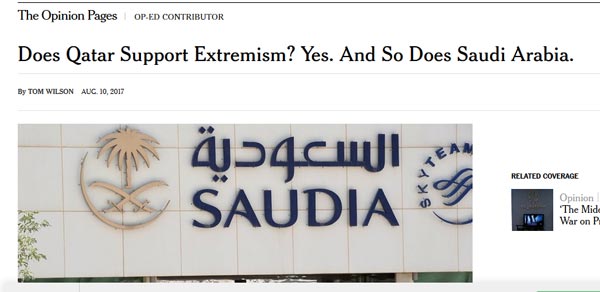 &rsquo;نيويورك تايمز&rsquo;: إذا كانت قطر داعمة للإرهاب فماذا تدعم السعودية؟